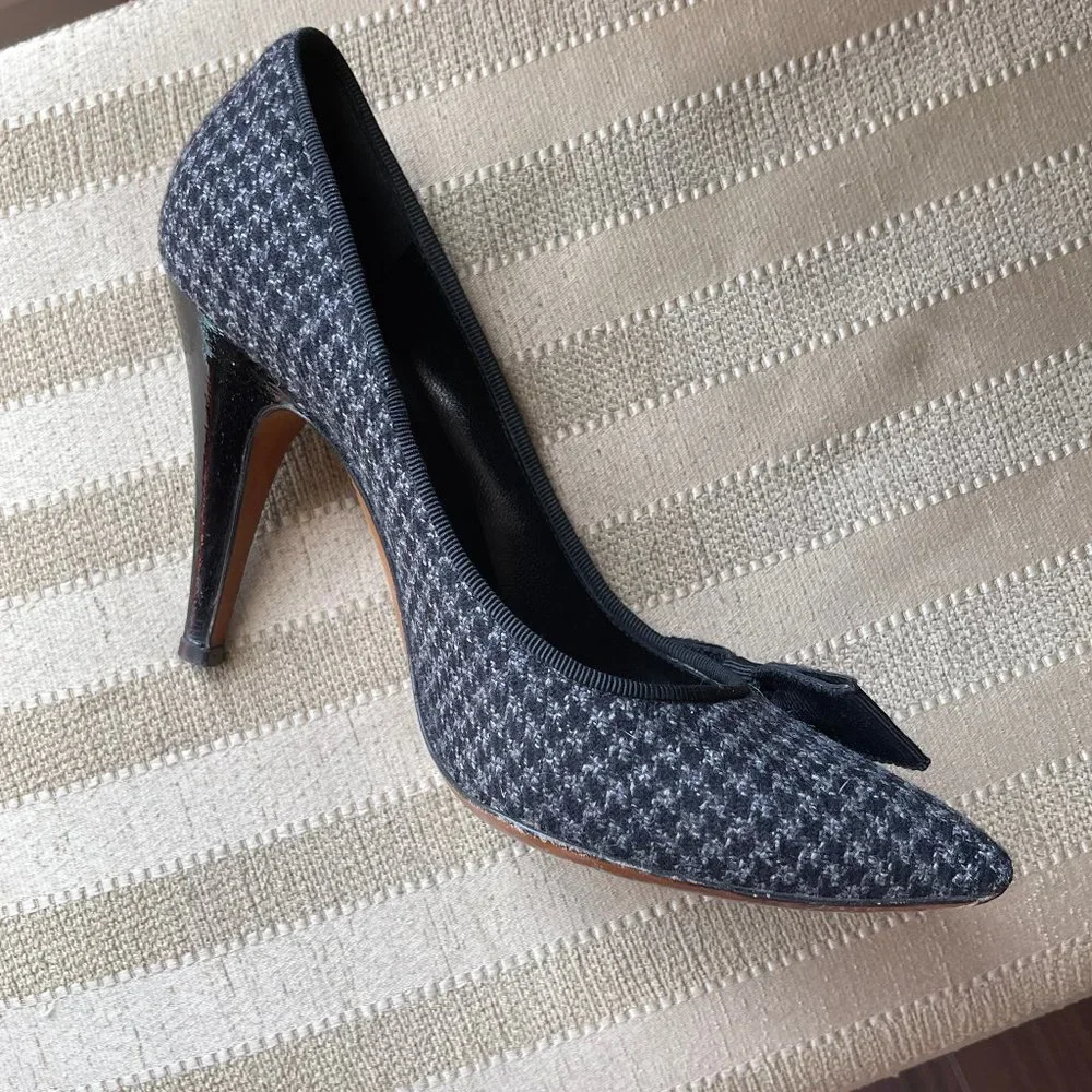 Moschino Gray Plaid Fabric Leather Bow Pumps